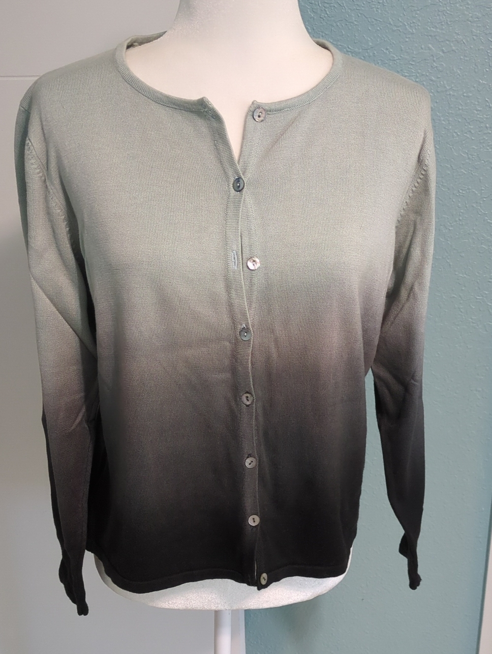 Patchington Ombré Button-Front Y2K Women’s Sweater Cardigan Sz M Sage Charcoal